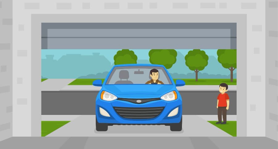 Illustration of a homeowner driving into the garage with a child looking on.